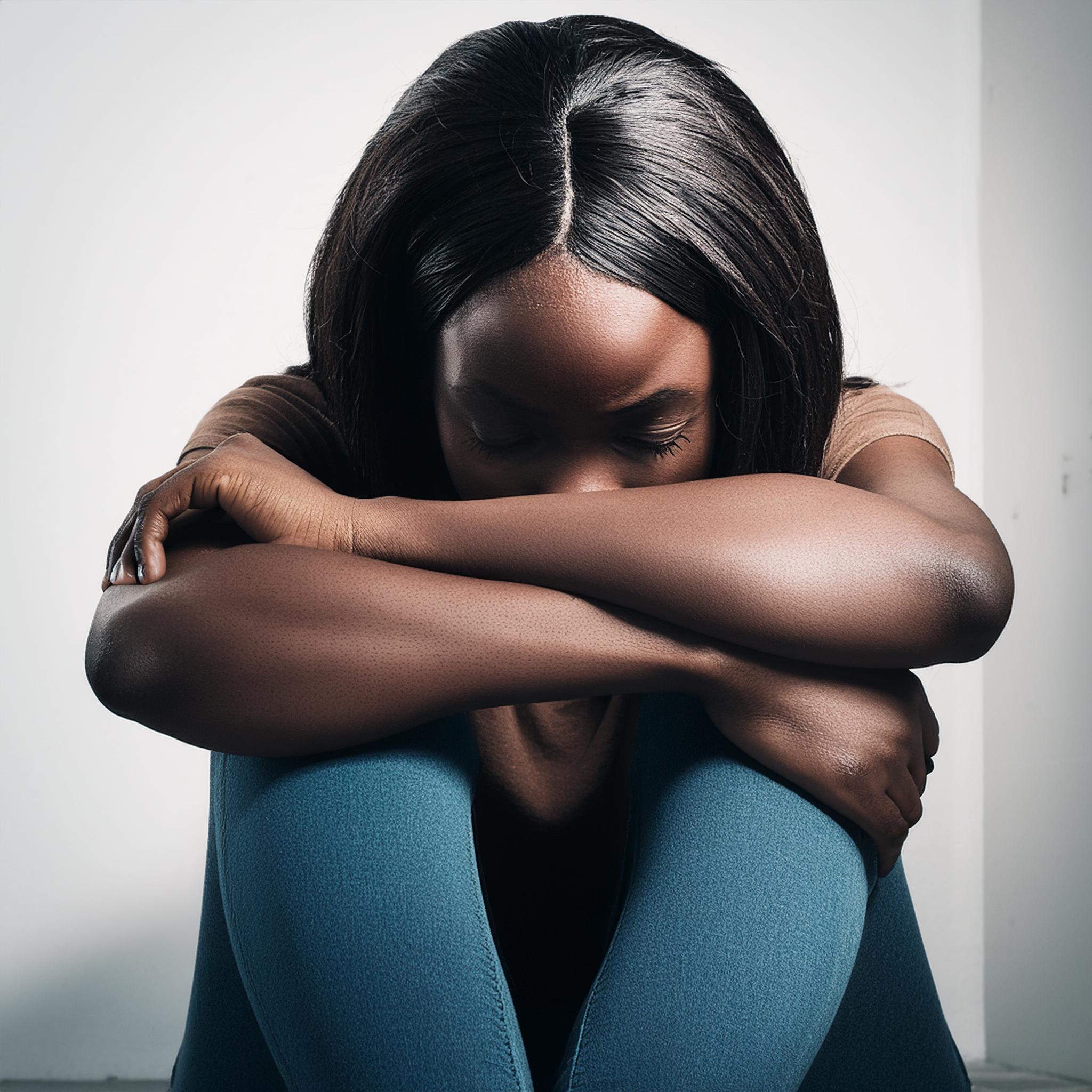 A woman sitting with the head on her knees