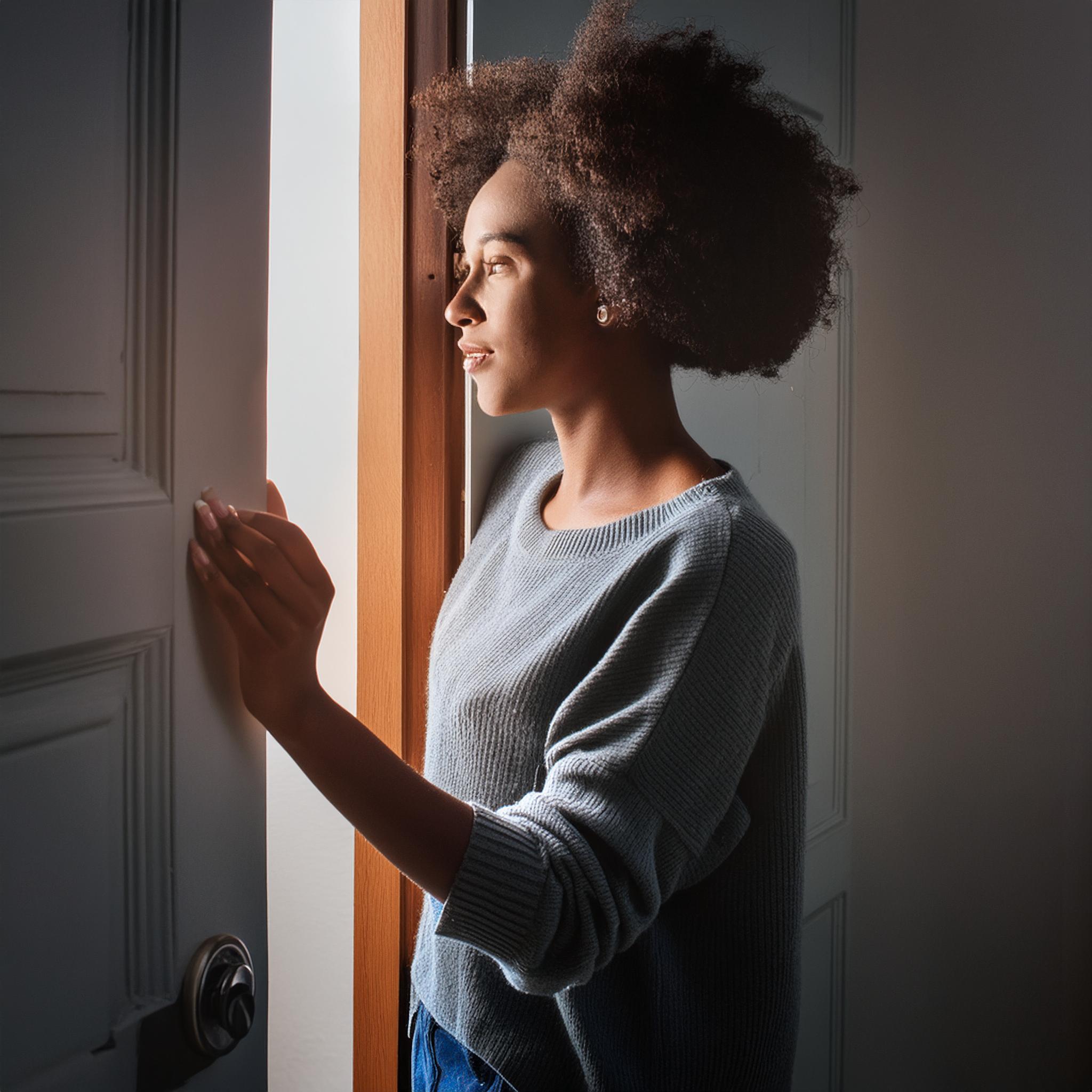 Woman looking out a door